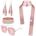 Alviller 5Pcs 70s Disco Accessories, Disco Costume Set with Sequins Scarf Earrings Rhinestone Thick Frame Sunglasses and Bracelet Fancy Dress Kit for Women Girls Retro 70 80 Theme Party