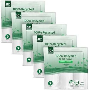 by Amazon Toilet Roll, 3-ply 100% Recycled, Soft and Strong, 45 Rolls (5 Packs of 9), 200 Sheets per Roll, FSC Certified