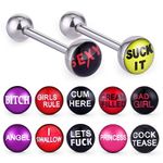 COTTVOTT 12pcs Fancy Words Pictures Logo Stainless Steel Straight Barbells Tongue Rings Bars Piercing Jewelry, Stainless Steel