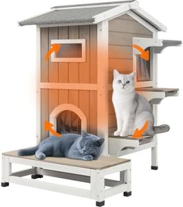 PetsCosset Insulated Outdoor Cat House Weatherproof, 2-Story Feral Cats Shelter Clawsable Cat House with Insulated Cat Scratching Cloth, Openable Asphalt Roof, Balcony, 4 Door, 2 Platforms