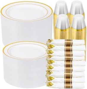 700 PCS Gold Plastic Dinnerware Set for 100 Guests, 200 DisposablePlates for Party, 100 Pre Rolled Napkins with Gold Silverware, 100 Cups