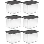 Sterilite 19373V06 50 Quart / 47 Liter Shelf Tote, Clear Base with Flat Gray Lid and Latches, 6-Pack