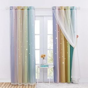 NICETOWN Thermal Star Blackout Curtains - Eyelet Curtains with Net Sheers Colourful Hollow Out Stars for Sliding Glass Door/Nursery/Bedroom, 2 Panels, 52 x 95 inch, Rainbow