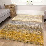 Large Thick Soft Fluffy Ochre Mustard Stripe Shaggy Shag Area Rug Warm Luxury Plush Living Room Bedroom Lounge Hallway Rugs 160cm x 230cm