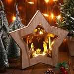 Christmas Star Shaped Nativity Scene Ornament Wooden Nativity Set Christmas Ornament Religious Rustic Christmas Nativity Ornaments Scene Decorations with Led Light for Shelves Tables Decorations