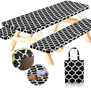 RNOONY Vinyl Fitted Picnic Table Cover with Bench Covers and Bag,8ft Outdoor Waterproof Picnic Tablecloth with Elastic Edges, 96x30 Inches 3 Pcs Set (Black Moroccan)