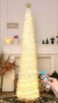 HMASYO 6 FT Pop Up Tinsel Christmas Tree with 100 LED Lights & Remote, Collapsible Artificial Pencil Tree with Snowflake Ornaments Xmas Decoration for Home, Office, Party, USB Powered Timer Lights