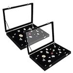Kurtzy Black Velvet Ring Jewellery Storage Display Box Trays with 100 Slots and Lid (2 Pack) - Showcase Organiser Case Holder with Clear Transparent Glass Lid for Rings, Earrings and Cufflinks