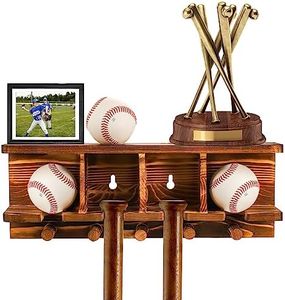 Tebery Wood Baseball Bat Holder and Ball Display Shelf Wall Mounted, Sports Memorabilia and Collectibles Floating Shelf Hanging Organizer Bat Rac -17.6 L x 3.8 W x 4.4 H