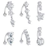 LOLIAS 6 Pcs 14G Dangle Belly Button Rings for Women 316L Surgical Steel Clear CZ Barbell Piercing Dangle Reverse Curved Navel Barbell Body Jewelry, Stainless Steel, cubic zirconia