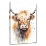 CCWACPP Highland Cow Canvas Wall Art Colorful Animal Pictures Wall Decor Watercolor Cattle Portrait Painting Bathroom Decor Frame (Highland Cow - 1, 12x18inch (30x45cm))