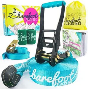 Barefoot Slackline Kit 60ft (18m) Complete Set Including, Ratchet, Training Line, Bark Protectors & Instructions! Designed for Both Kids & Adults - 3 Colors Available (Azure Blue)