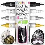 4 Dual Tip Acrylic Paint Pens - Fine Tip & Medium, Permanent & Waterproof - Acrylic Paint Markers for Rock Painting, Canvas, Wood, Ceramic, Glass, Fabric, Metal - White, Black, Gold & Silver