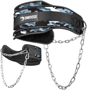DMoose Fitness Dip Belt for Weight Lifting - Heavy Duty 36" Steel Chain Weight Belt for Pullups, Dips, Powerlifting, & Bodybuilding - Gym Squat Belt with Comfortable Neoprene Support (Gray Camo)
