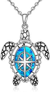 Turtle Compass Necklace for Women Sterling Silver Tortoise Blue Opal Shell Ocean Distance Graduation Sea Turtle Pendant Necklaces Jewelry Travel Gifts, Sterling Silver, Cubic Zirconia