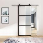 36"x 84" Metal Glass Sliding Barn Door Panel Heavy Duty Black Carbon Steel Frosted Tempered Glass with Top Mounted Hardware kit Assemble Required(Soft Close Included)