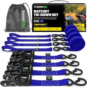 RHINO USA Ratchet Straps Motorcycle Tie Down Kit, 5,208 Break Strength - Includes (4) Heavy Duty 1.6" x 8' Rachet Tiedowns with Padded Handles & Coated Chromoly S Hooks + (4) Soft Loop Tie-Downs Blue 4-Pack