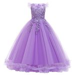 FYMNSI Flower Girl Dress Princess Lace Floral Embroidered Tulle Tutu Maxi Long Dresses for Kids Teenager Junior Bridesmaid Wedding Birthday Party Evening Cocktail Ball Prom Light Purple 9-10 Years