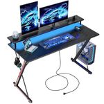 BEXEVUE Gaming Desk with Power Outlets LED - 47 inch Ergonomic Computer Gamer Table, PC Monitor Stand, X Frame, Headphone Hook, Workstation for Study Bedroom Home Office, Black