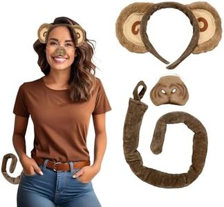 Nicky Bigs Novelties Adult Monkey Animal Costume Set - Brown Ears Headband Tail Nose Kit - Dress Up Halloween Accessories, One Size