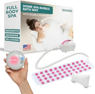 SereneLife Bubble Bath Mat – Portable Spa with Adjustable Intensity, Waterproof LED Light, Pillow & Remote Control for Ultimate Relaxation (Pink)