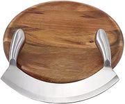 8.7 Inch Mezzaluna Knife With Wood Cutting Board - Stainless Steel Salad Chopper Rocker Pizza Cutter Rocker Knife Curved Blade Sharp Blade Double Handle Fruit Vegetable Mincing Knife