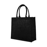 Qchomee Large Natural Jute Carrier Bags Reusable Shopping Bags with Strong Handle Eco Friendly Shopper Storage Bags Groceries Tote Bag Foldable Food Bags Black, Brown for Shopping, Birthday Party