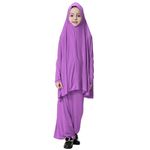 Muslim Kids Girls Prayer Long Sleeve Maxi Dress + Hijab Islamic Jilbab Large Overhead Clothes - Multicolor, Light Purple XL