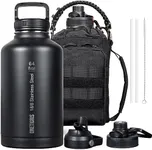 OneTigris Tactical Half Gallon Water Bottle with Straw - 64 oz Vacuum Insulated Stainless Steel Water Jug, Leakproof Sport Bottle with 3 BPA Free Lids, Paracord Handle & MOLLE Water Pouch for Outdoor