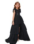 GRACE KARIN Kids Flutter Sleeve Birthday Party Dress Sequin Dresses+ Tiered Skirt for 12-14 Years Teen Girls Black