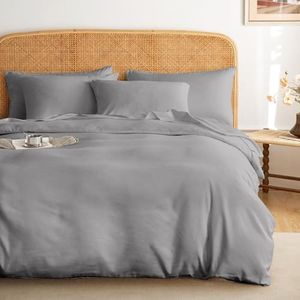 Wake In Cloud - Cotton Quilt Cover Set, 100% Cotton Duvet Doona Cover Bedding, 3 Pieces, Light Grey, Queen Size