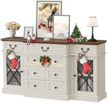 DWVO 59" Buffet Cabinet with Storage, Farmhouse Sideboard Cabinet with 9 Drawers, 2 Glass Doors with Adjustable Shelving, Large Storage Cabinet, Coffee Bar Cabinet for Living Room, Antique White