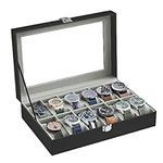 SONGMICS Watch Box, Christmas Gifts, 12-Slot Watch Case with Large Glass Lid, Removable Watch Pillows, Watch Box Organizer, Gift for Loved Ones, Black Synthetic Leather, Gray Lining UJWB12BK