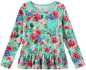BambooBud Toddler Girl Long Sleeve Shirt Infant Girls Tees Blouses Print Ruffled Tshirts Outfit Tops 2-5T Turquoise/Floral 4T