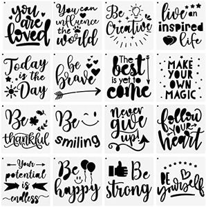 16 Pieces Stencils for Painting Inspirational Word Stencil Kit Motivational Stencils Reusable Polyester Film Template Stencils with Open Ring for Painting on Wood Wall Home Decor(7.87 x 7.87 Inches)