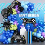 Video Game Balloon Arch Garland Kit, Blue Purple Green Black Party Balloons with 2Pcs Game Handle Foil Balloons for Video Game Theme Birthday Party Boys Gamer Night Decor