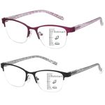 Missfive 2 Pack Women Progressive Multifocus Reading Glasses, No Line Blue Light Blocking Spring Hinge Readers Lightweight Multifocal Computer Cateye Eyeglasses(Workspace For Near Range 2.5x)