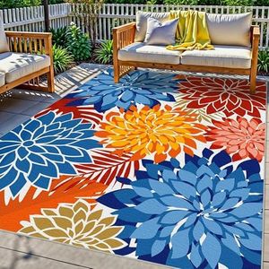 Colorful 9x12 Outdoor Area Rug Washable Multicolored Patio Rug Tropical Botanical Floral Chenille Waterproof Outdoor Carpet Non-Slip for Deck, Backyard, Porch, Vivid Dahlia