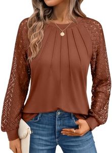 AUTOMET Womens Long Sleeve Shirts Lace Tops Business Casual Fall Fashion Outfits Clothes Knitted Y2k Blouses Brown M
