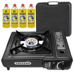 Portable Gas Cooker Camp Stove + 4 Butane Gas Canisters - For Outdoor Cooking, Camping, Fishing & BBQ | Premium Burner, Automatic Ignition & Heat Control, EN417 Compliant - Black Grill & Carry Case
