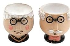 Novelty Set of 2 Grandma & Grandpa Face Ceramic Pottery Breakfast Boiled Egg Cups