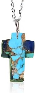Joyfulmuze Genuine Lapis Copper Turquoise Stone Cross, Unisex 925 Sterling Silver 18 Inch Chain, Small Handmade Pendant Gift for Women and Men (lapis-coper-turquoise)