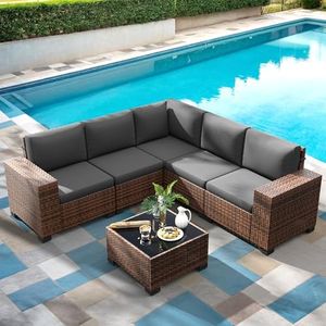 Amopatio Outdoor Sectional Furniture Set 6-Piece Brown Rattan Wicker Conversation Sofa Set with Glass Top Table and Waterproof Covers,Grey Cushions