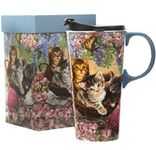 TZSSP Coffee Ceramic Mug Porcelain Latte Tea Cup with Lid 17oz. Flower and Cat