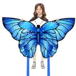 Flying Hoofer Kite blue butterfly for children aged 3 and over and adults, easy to fly for beginners, ideal for beach and family holidays, with 90 m cord and handle.