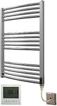 Greened House Electric Chrome 600W x 800H Curved Towel Rail + Timer and Room Thermostat Bathroom Towel Rails