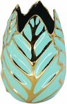 Ceramic Vase – Decorative Flower Holder for Greenery, Table Decor and Shelf Display for Living Room or Office, Leaf Pattern Accent Decorative Home Decor Vase – 6"x 6"x 8", Green and Gold