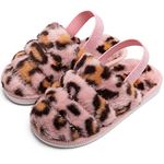 Kids Fluffy Fuzzy Slippers Close Toe House Home Slippers for Boys and Girls Faux Fur Slides with Back Strap Little Kids Slip-on Shoes (13.5-14, Pink Leopard, numeric_13_point_5)