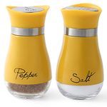 Lonffery Salt and Pepper Shakers Set - Salt Containers for Gifts, Kitchen Decor, Home, RV, Camp, BBQ, 4 oz Farmhouse Spice Dispenser with Glass Bottom, Yellow, Set of 2