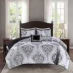 Comfort Spaces Cozy Comforter Set-Modern Casual Boho Bedding Set, Matching Sham, Decorative Pillow, Full/Queen(90"x90"), Coco Damask Black/White 4 Piece